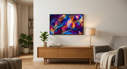 A colourful digital art frame on a modern wall.