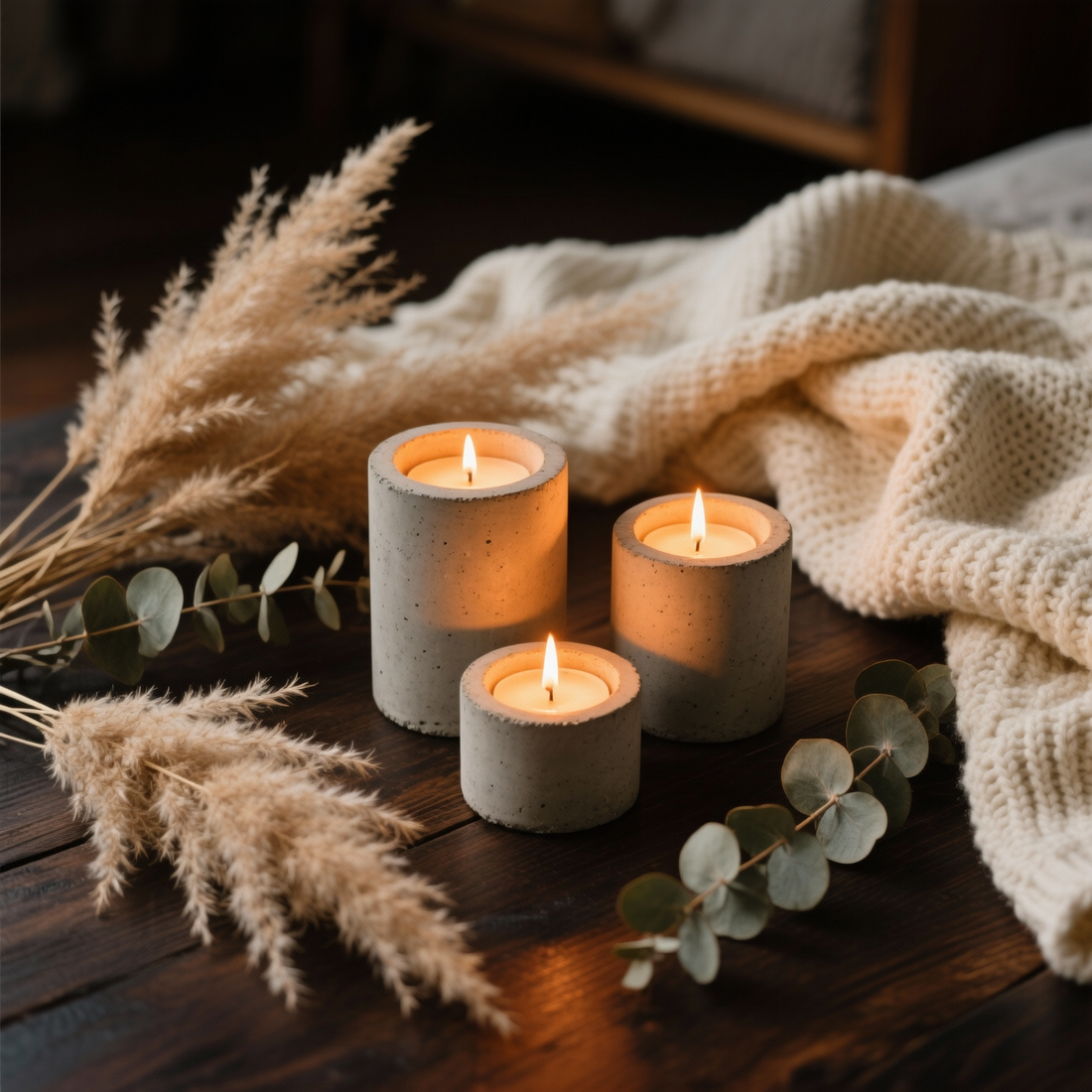 A warm hygge scene depicting 3 concrete candle holders