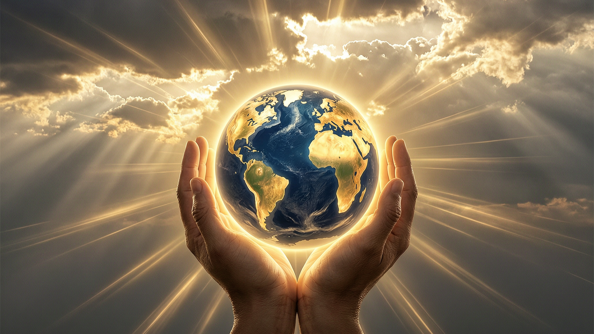 Two hands holding a glowing Earth with sun rays through the clouds.